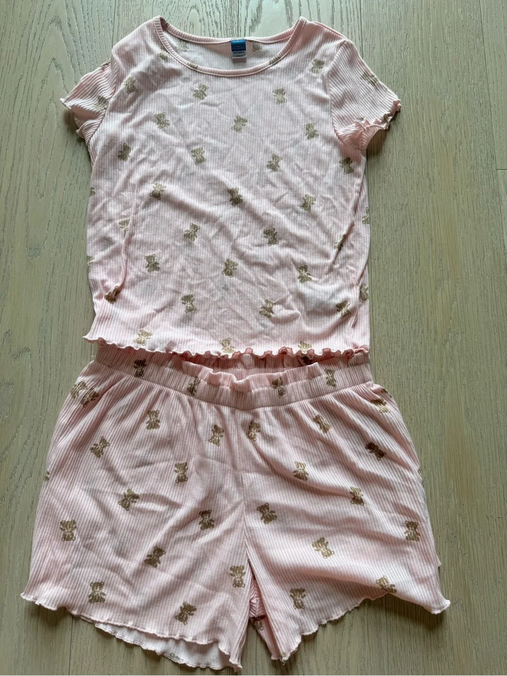 Old Navy Pink Short Sleeve Pajama Set with Gold Teddy Print